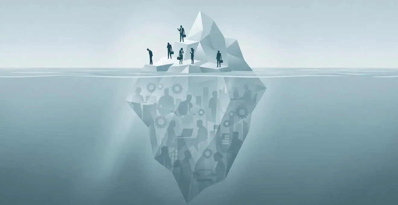 Représentation visuelle d'un iceberg : la partie émergée symbolise les candidats actifs visibles, la masse immergée représente le vivier caché des talents passifs