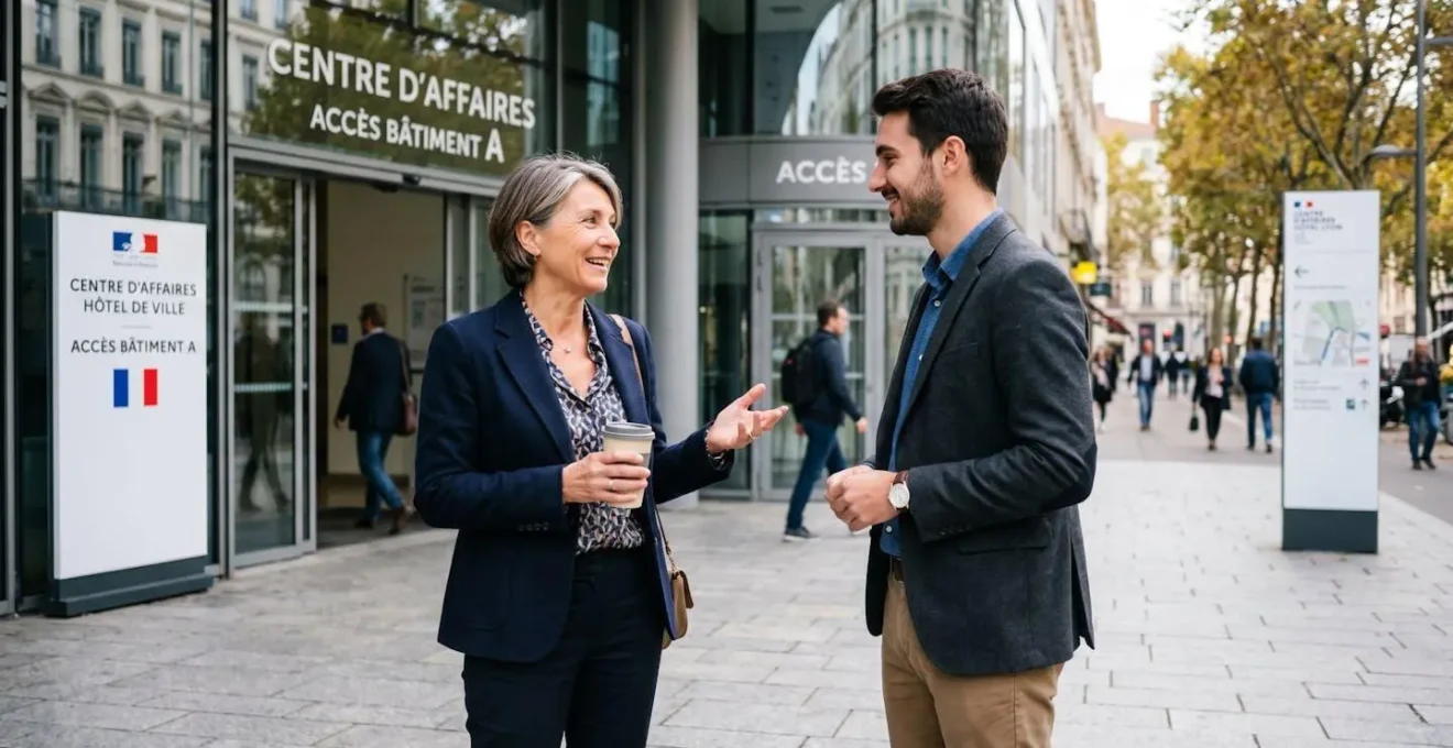 Deux professionnels en échange informel à l'extérieur d'un bâtiment d'entreprise, discussion discrète et posée