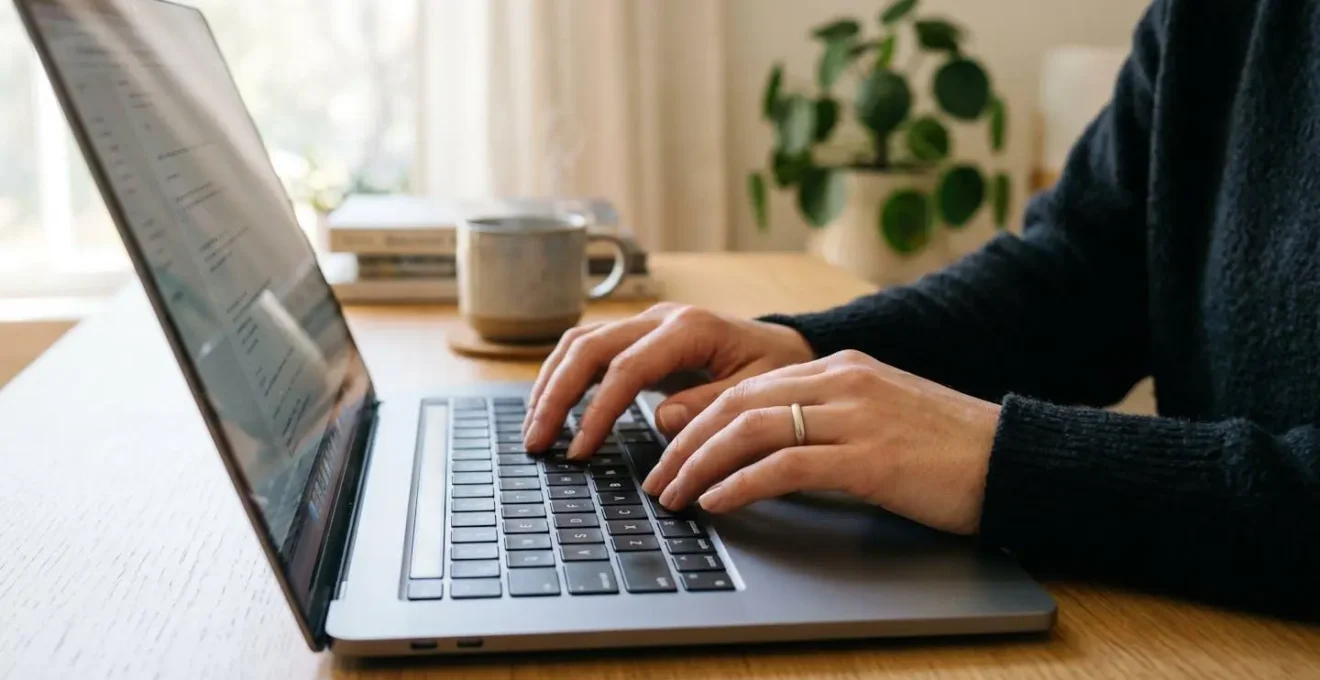 Personne tapant un message personnalisé sur un ordinateur portable dans un espace de travail calme et lumineux